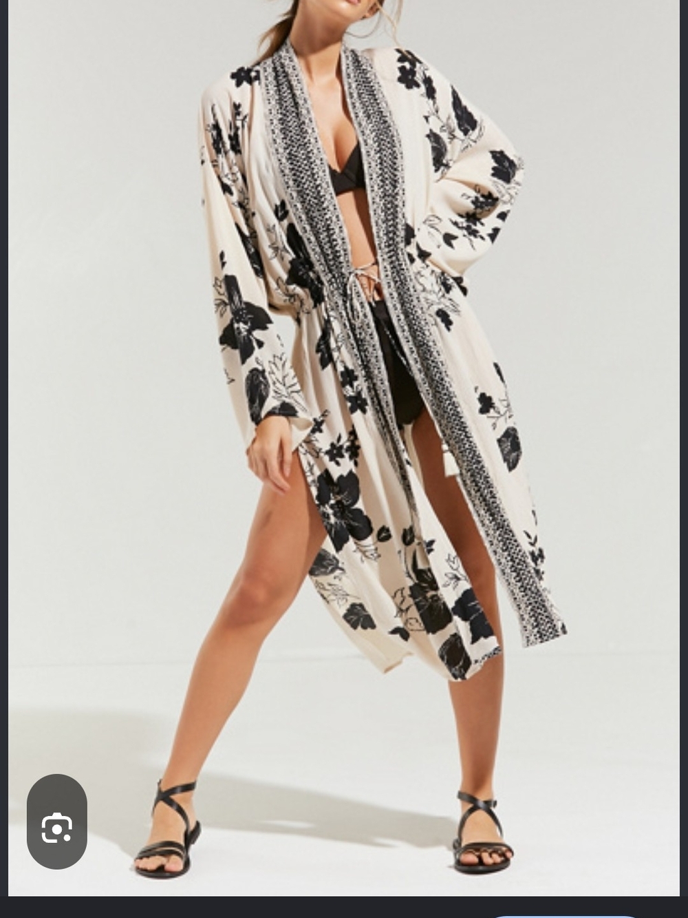 Rachel Zoe Black Floral Tie-Waist Long Kimono Robe on Cream